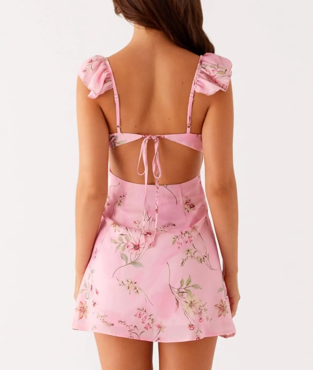 Women Floral Bodycon Mini Dress Y2K Flower Print Cami Dress Spaghetti Strap Going Out Dresses Summer Beachwear