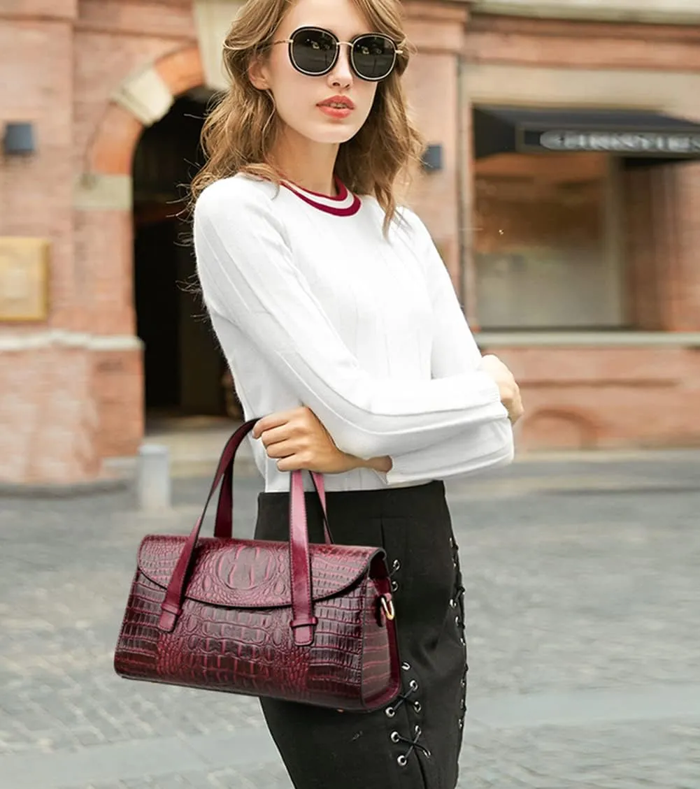 Women Handbag Crocodile Pattern Leather Top-Handle Purse Flap Shoulder Satchel