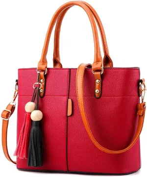 Women Handbag Tassel Desinger Tote PU Leather Shoulder Bag Purse Stitching Pattern Crossbody Bag Satchel