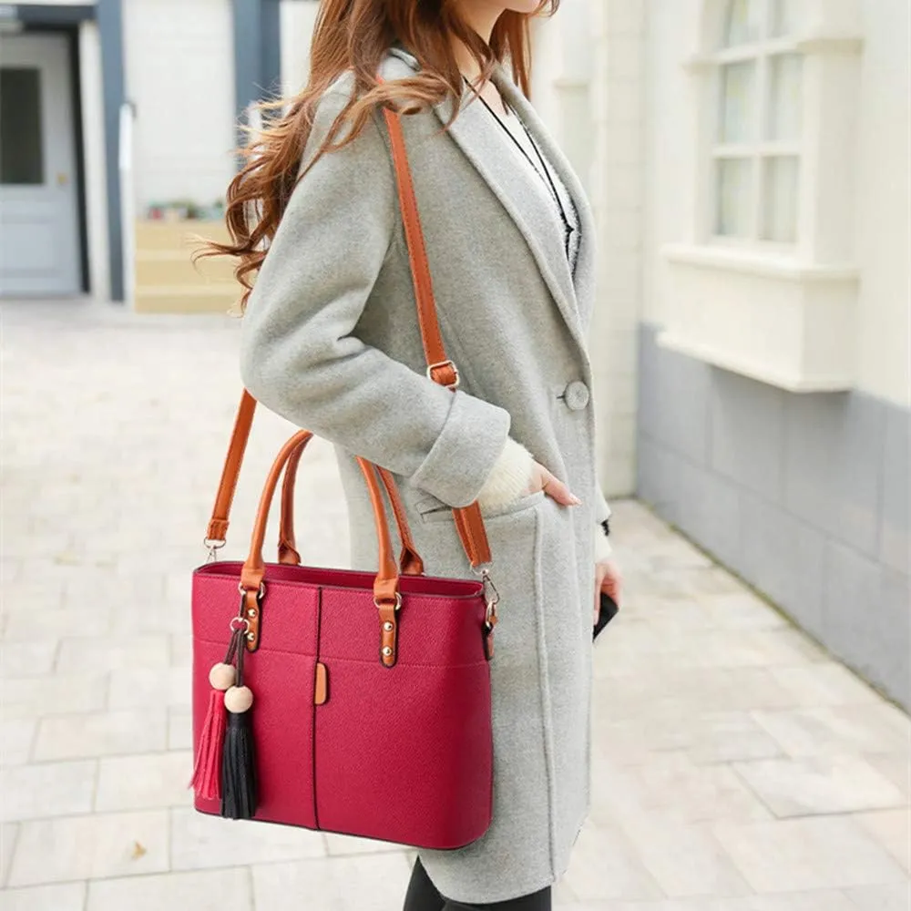 Women Handbag Tassel Desinger Tote PU Leather Shoulder Bag Purse Stitching Pattern Crossbody Bag Satchel