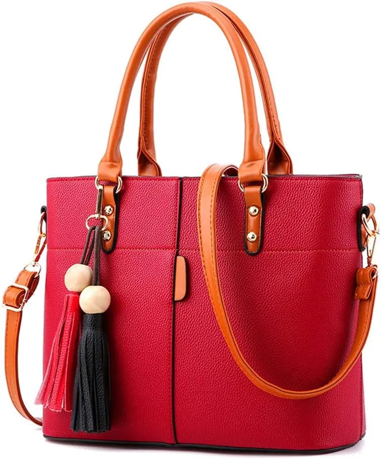 Women Handbag Tassel Desinger Tote PU Leather Shoulder Bag Purse Stitching Pattern Crossbody Bag Satchel