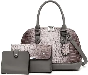 Women Handbags and Purses Set Embossed Crocodile Pattern Faux Leather Dome Satchel Handbag Wallet Shoulder Bags 3Pcs