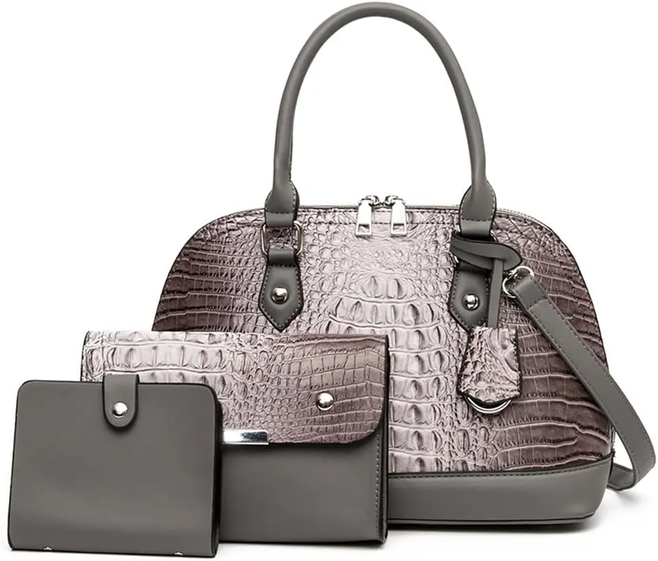 Women Handbags and Purses Set Embossed Crocodile Pattern Faux Leather Dome Satchel Handbag Wallet Shoulder Bags 3Pcs