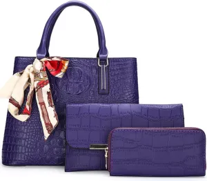 Women Handbags and Purses Set Premium Crocodile Pattern Top Handle Handbag Zip Wallet Clutch Tote Bag Satchel 3 Pcs