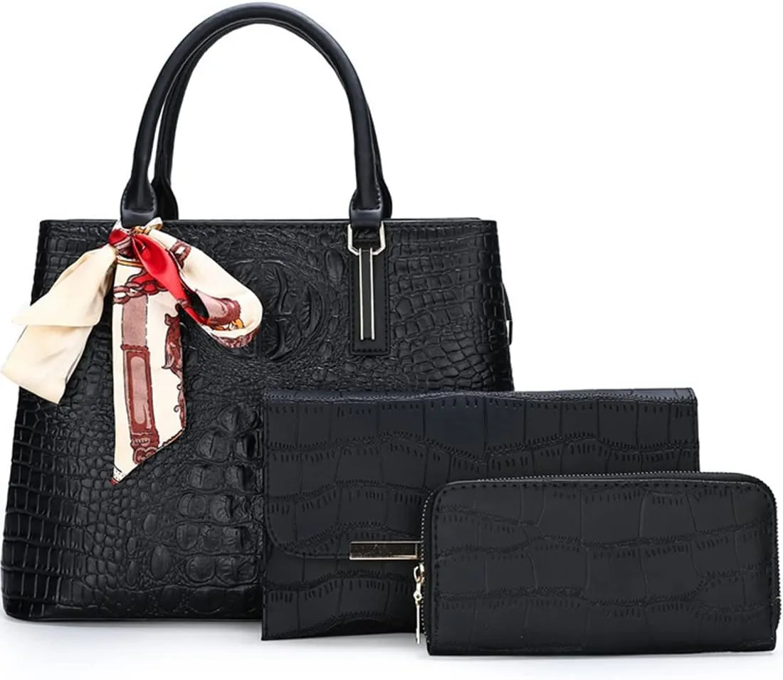 Women Handbags and Purses Set Premium Crocodile Pattern Top Handle Handbag Zip Wallet Clutch Tote Bag Satchel 3 Pcs