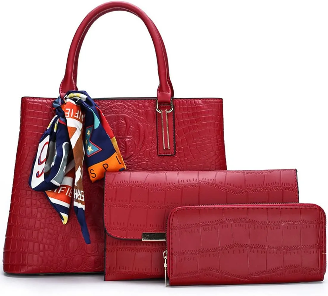 Women Handbags and Purses Set Premium Crocodile Pattern Top Handle Handbag Zip Wallet Clutch Tote Bag Satchel 3 Pcs