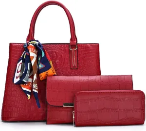 Women Handbags and Purses Set Premium Crocodile Pattern Top Handle Handbag Zip Wallet Clutch Tote Bag Satchel 3 Pcs