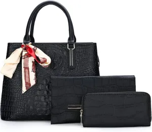 Women Handbags and Purses Set Premium Crocodile Pattern Top Handle Handbag Zip Wallet Clutch Tote Bag Satchel 3 Pcs
