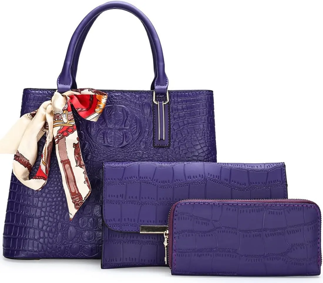 Women Handbags and Purses Set Premium Crocodile Pattern Top Handle Handbag Zip Wallet Clutch Tote Bag Satchel 3 Pcs