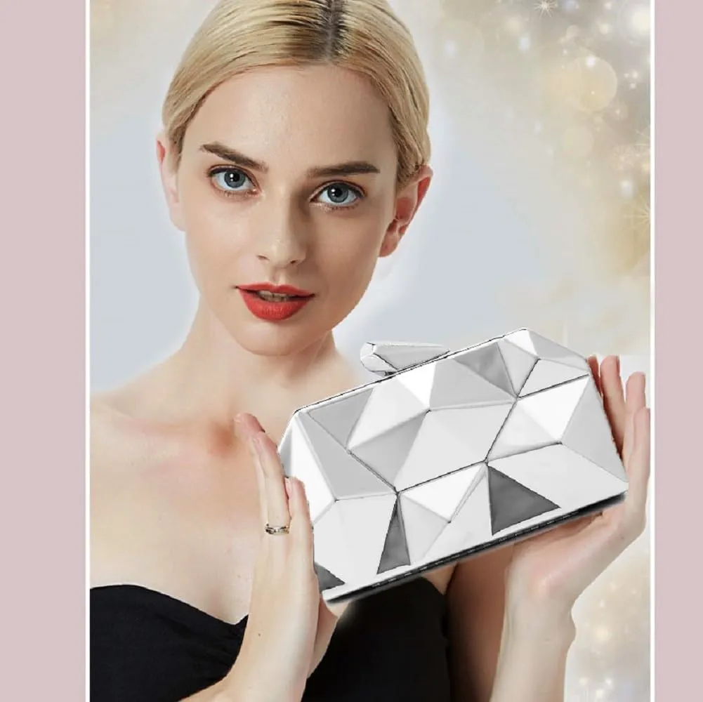 Women Lattice Pattern Metal Evening Clutch Bag,Geometric Evening Clutch Purse Handbag With Chain Strap
