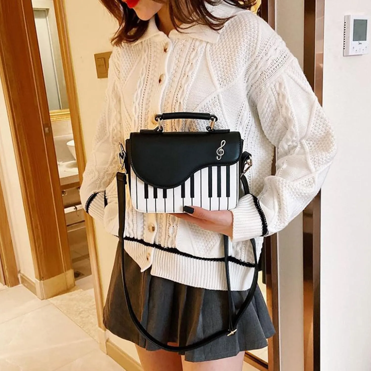 Women Piano Pattern Music Note Top Handle Satchel Mini Size Crossbody Tote Bag Purse