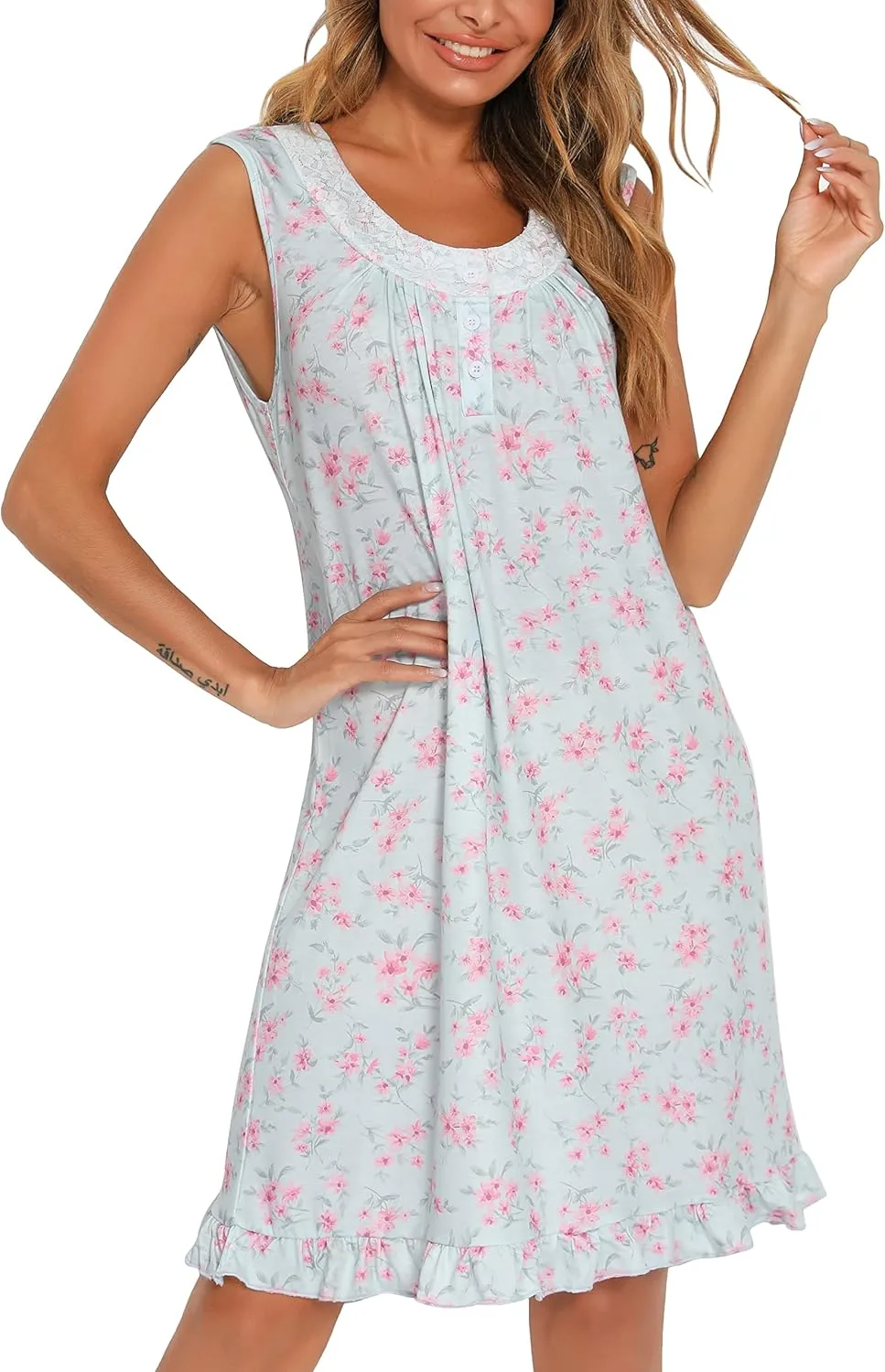 Women Sleeveless Nightgowns Lace Sleepshirts Soft Sleepdress Wide Strap Chemise Tank Top Sleepwear Print Pajama Dress