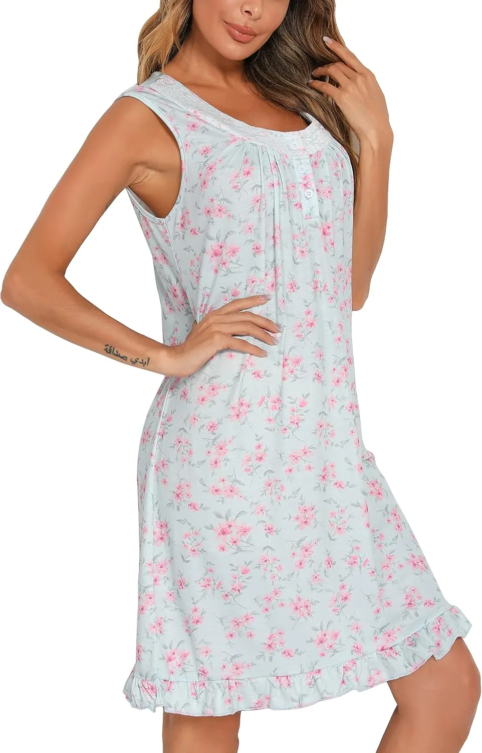 Women Sleeveless Nightgowns Lace Sleepshirts Soft Sleepdress Wide Strap Chemise Tank Top Sleepwear Print Pajama Dress