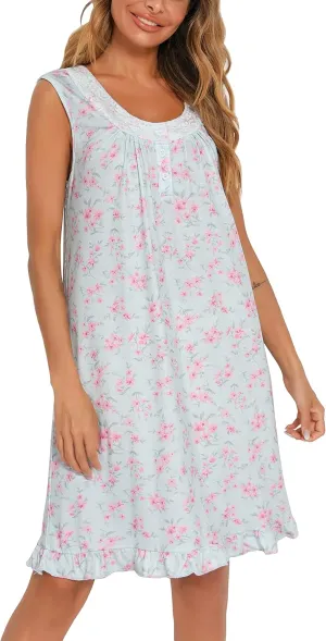 Women Sleeveless Nightgowns Lace Sleepshirts Soft Sleepdress Wide Strap Chemise Tank Top Sleepwear Print Pajama Dress