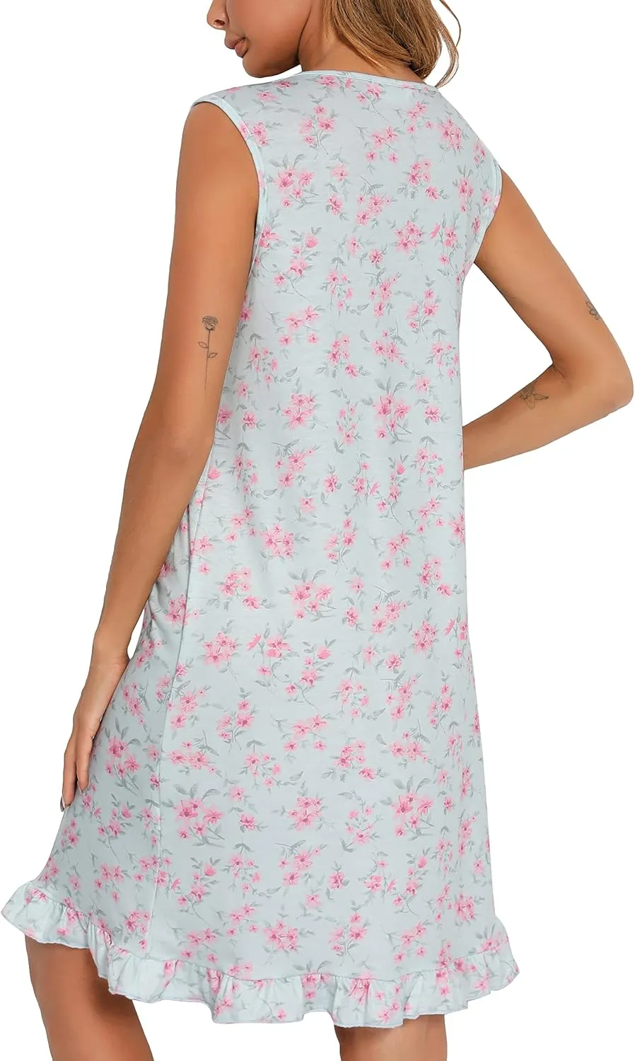 Women Sleeveless Nightgowns Lace Sleepshirts Soft Sleepdress Wide Strap Chemise Tank Top Sleepwear Print Pajama Dress