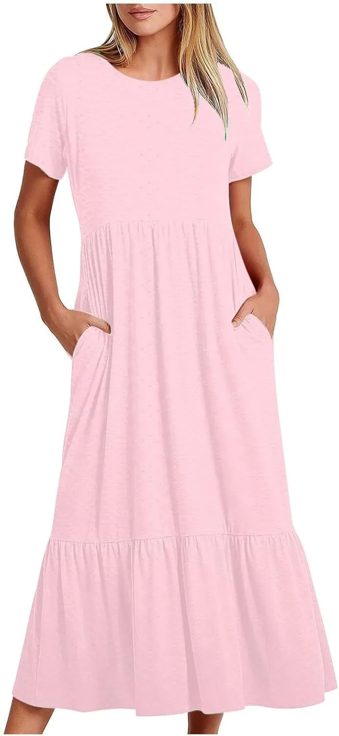 Women Summer Casual Short Sleeve Crewneck Aline Swing Flowy Tiered Shirt Maxi Beach Long Dress 2025 Trendy Outfits