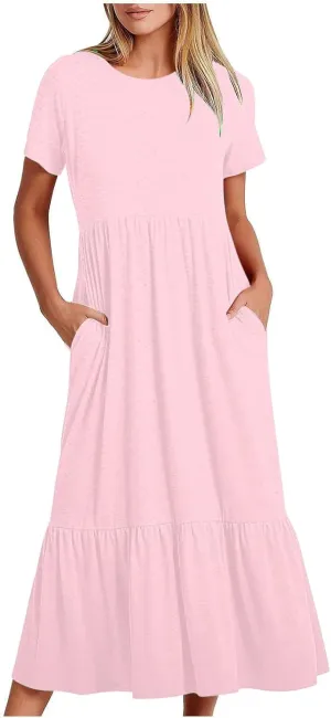 Women Summer Casual Short Sleeve Crewneck Aline Swing Flowy Tiered Shirt Maxi Beach Long Dress 2025 Trendy Outfits