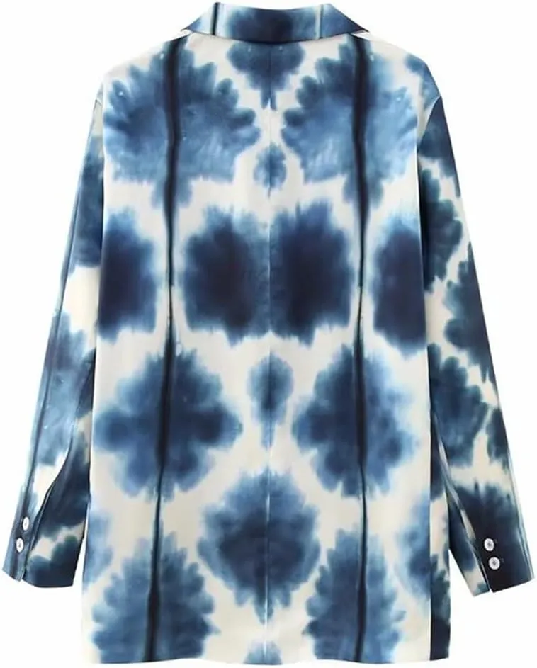 Women Tie-Dyed Thin Blazer Suits Sets Silk Soft Long Sleeve OL Jacket Wide Leg Print Pants Sets