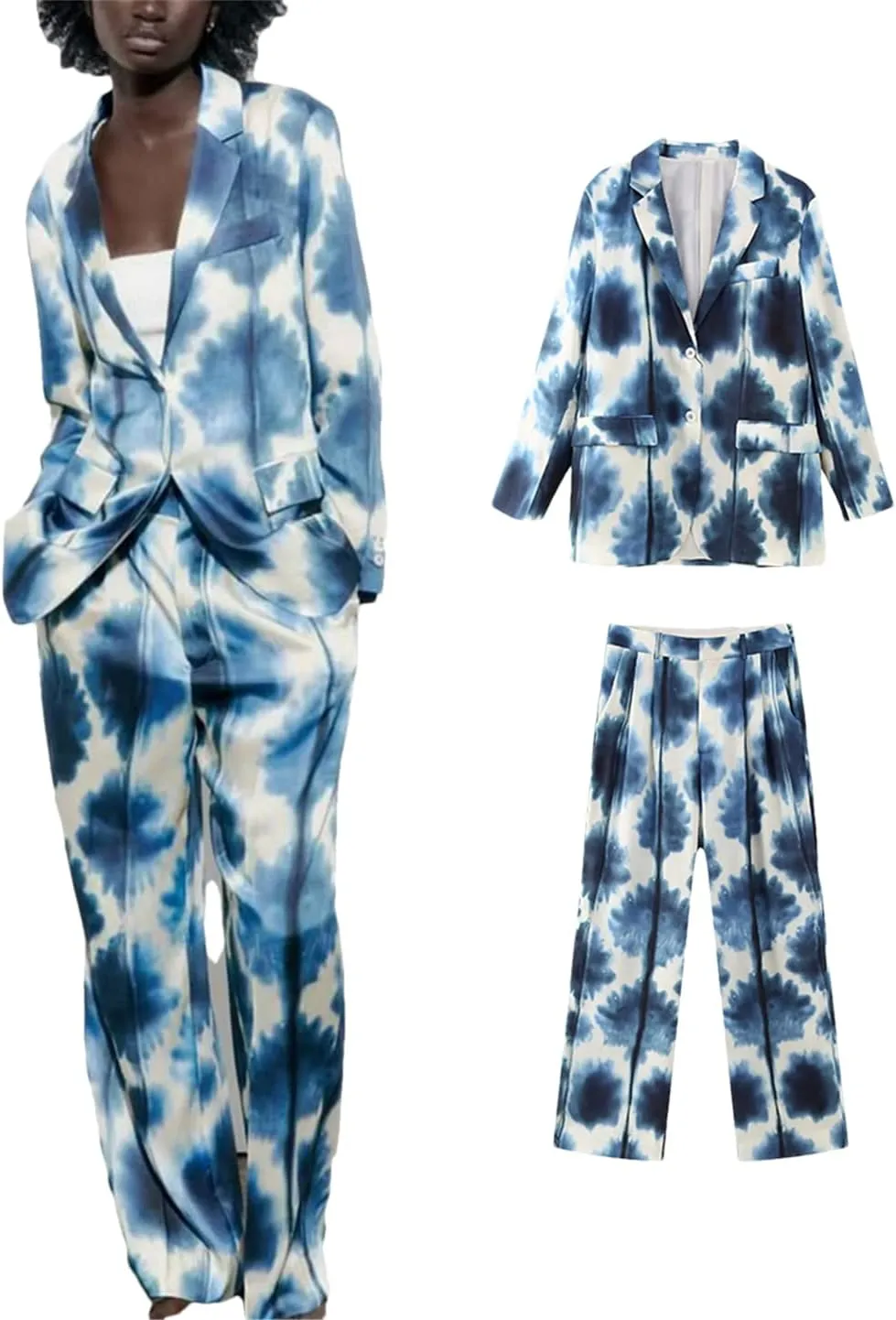 Women Tie-Dyed Thin Blazer Suits Sets Silk Soft Long Sleeve OL Jacket Wide Leg Print Pants Sets