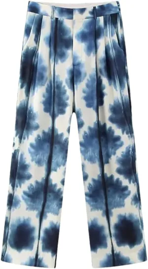 Women Tie-Dyed Thin Blazer Suits Sets Silk Soft Long Sleeve OL Jacket Wide Leg Print Pants Sets