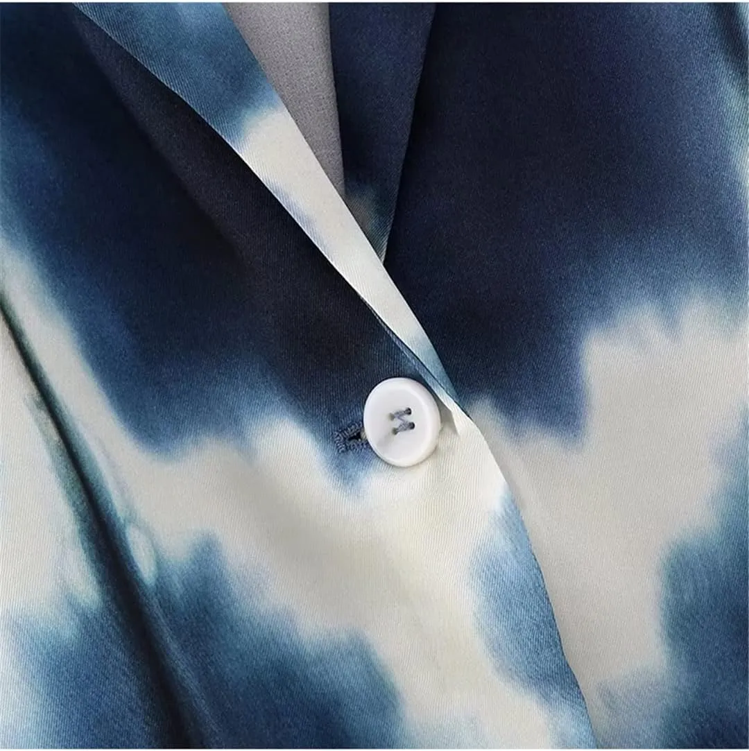 Women Tie-Dyed Thin Blazer Suits Sets Silk Soft Long Sleeve OL Jacket Wide Leg Print Pants Sets