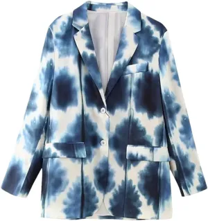 Women Tie-Dyed Thin Blazer Suits Sets Silk Soft Long Sleeve OL Jacket Wide Leg Print Pants Sets