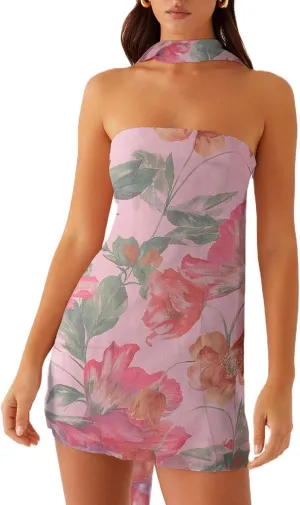 Women Y2k Floral Mini Tube Dress Strapless Flower Print Bandeau Dress Off Shoulder Bodycon Summer Beach Dresses