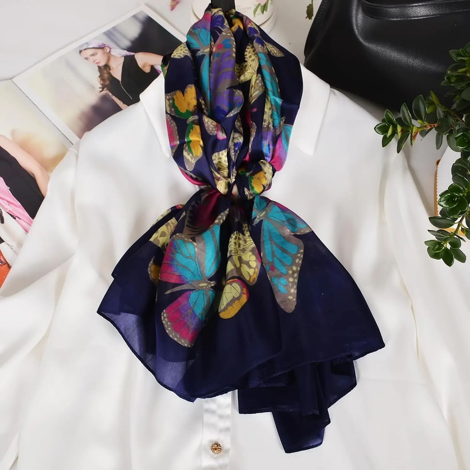 Women's 100% Mulberry Silk Long Scarf-Floral Print Lightweight Scarves-Oblong Summer Travel Sunscreen Shawl 69" x 43"