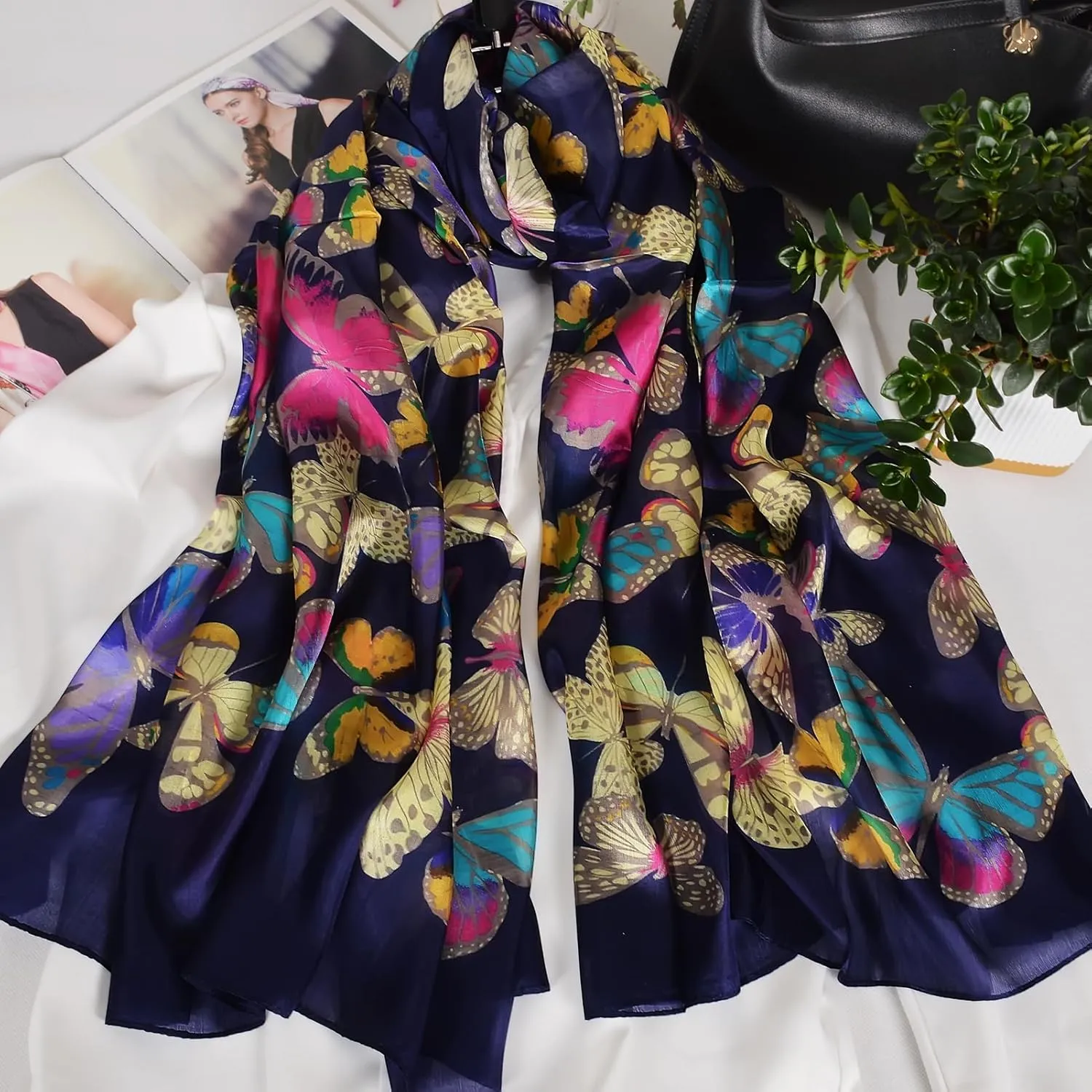 Women's 100% Mulberry Silk Long Scarf-Floral Print Lightweight Scarves-Oblong Summer Travel Sunscreen Shawl 69" x 43"