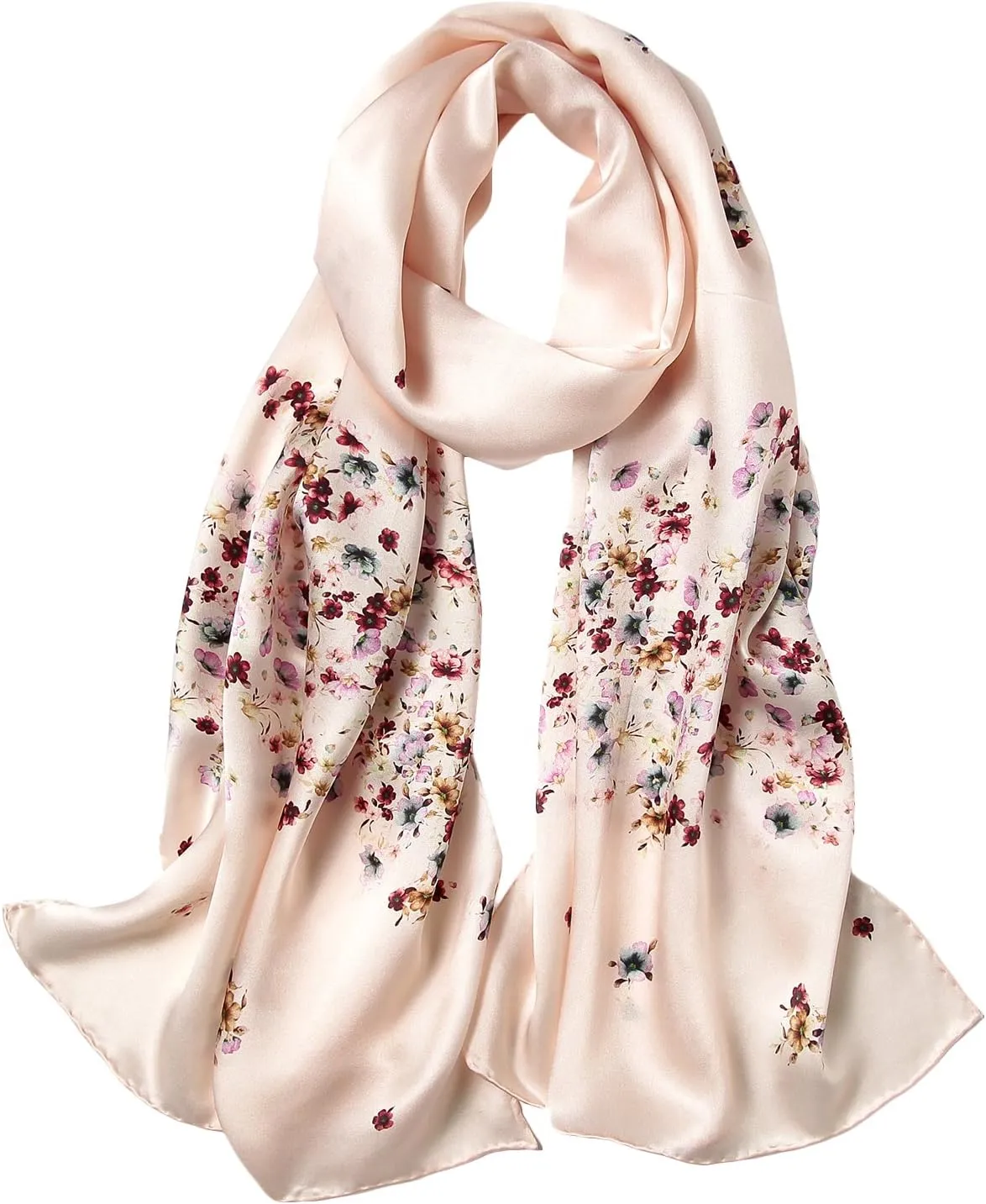 Women's 100% Mulberry Silk Scarf Floral Print Satin Long Scarf Wrap Shawl (Xtrm03)