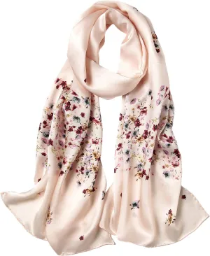 Women's 100% Mulberry Silk Scarf Floral Print Satin Long Scarf Wrap Shawl (Xtrm03)