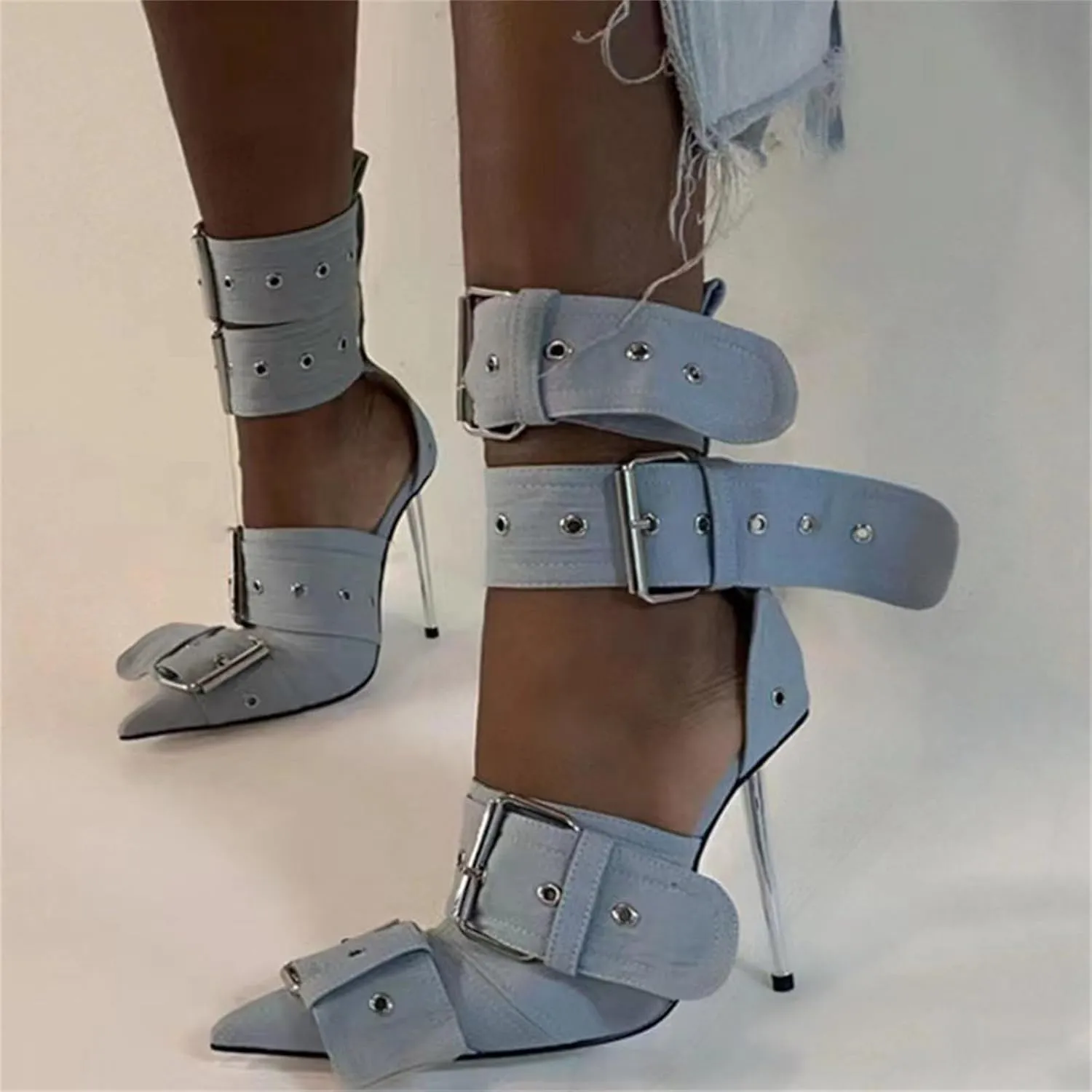 Women's Ankle Strap Stiletto Heels Pointed Toe Sexy Metal Buckle Stiletto High Heels Pumps Shoes for Party Evening Wedding Party