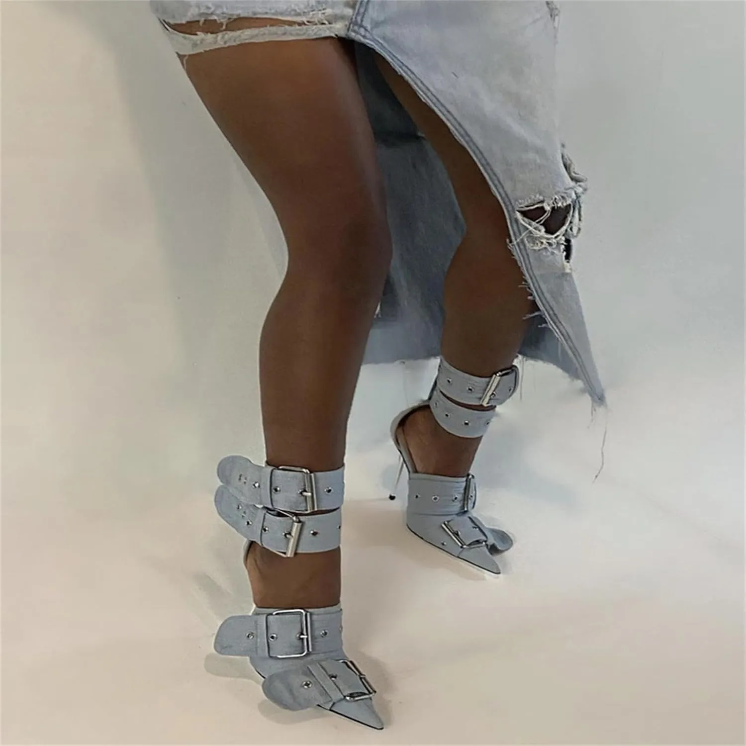 Women's Ankle Strap Stiletto Heels Pointed Toe Sexy Metal Buckle Stiletto High Heels Pumps Shoes for Party Evening Wedding Party