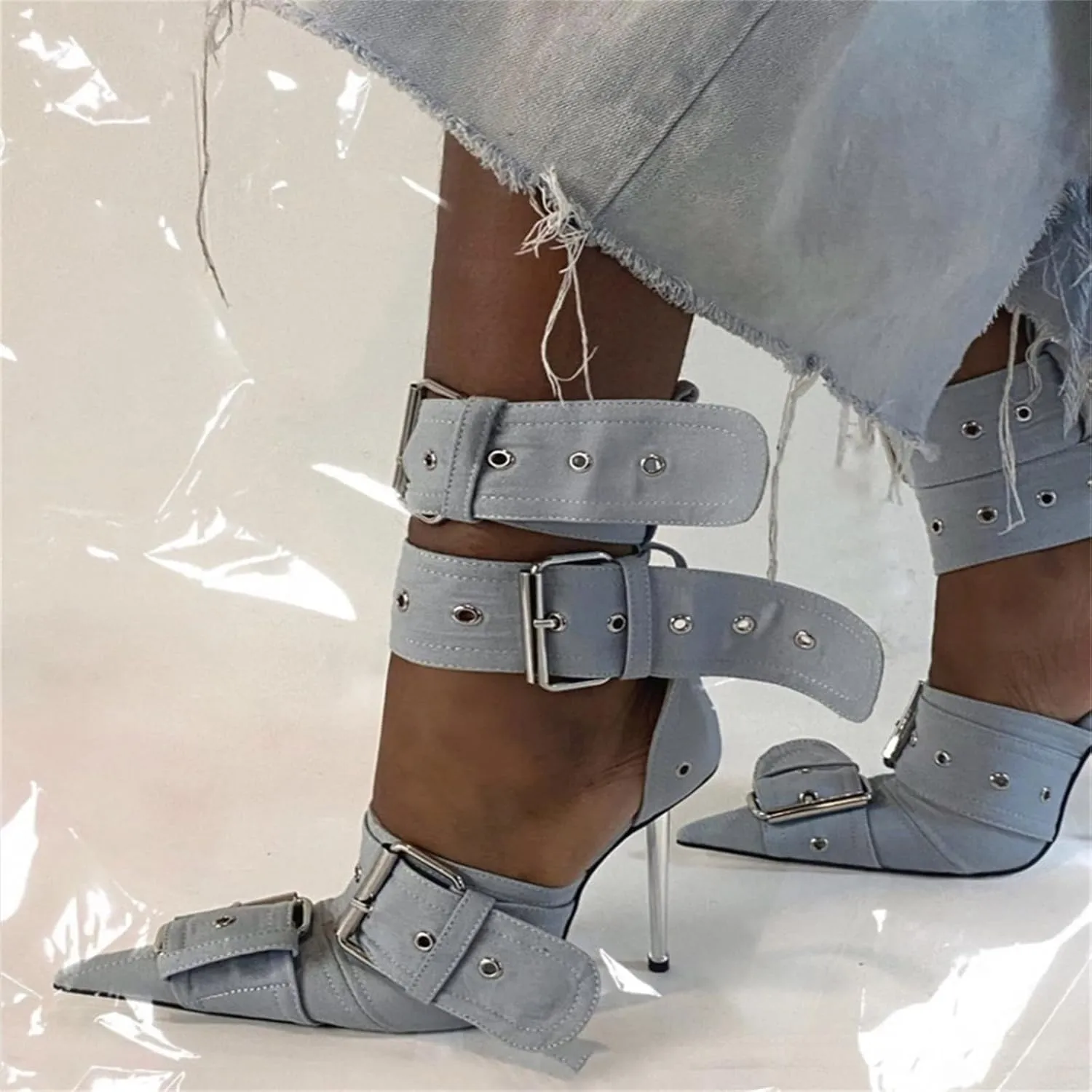 Women's Ankle Strap Stiletto Heels Pointed Toe Sexy Metal Buckle Stiletto High Heels Pumps Shoes for Party Evening Wedding Party