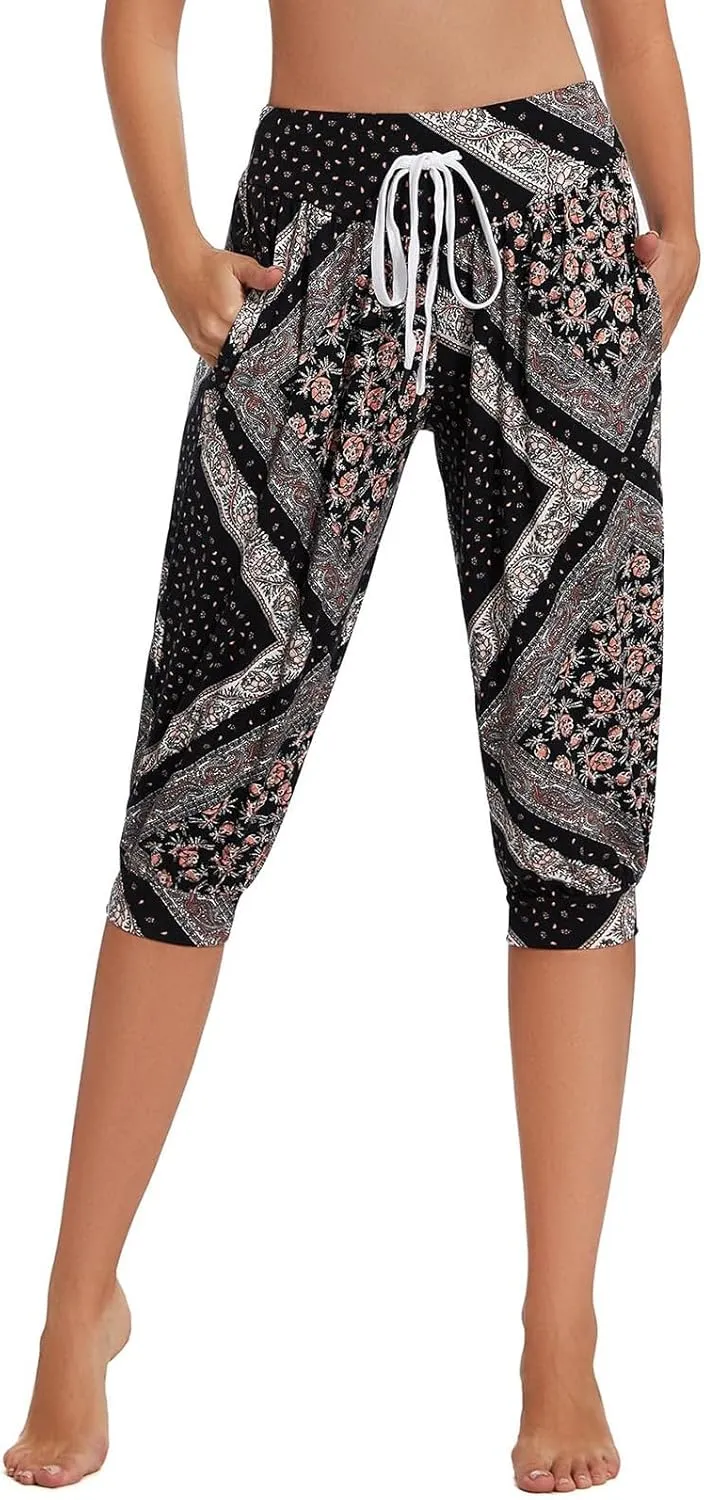 Womens Baggy Harem Capris Casual High Waisted Wide Leg Boho 3/4 Pants Workout Lounge Joggers Sweatpants with Pockets