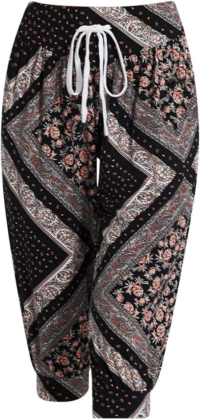Womens Baggy Harem Capris Casual High Waisted Wide Leg Boho 3/4 Pants Workout Lounge Joggers Sweatpants with Pockets