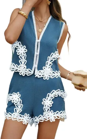 Women's Boho Floral Two Piece Sets Summer Sleeveless Button Down Embroidered Tank Tops and Wide Leg Shorts Sets