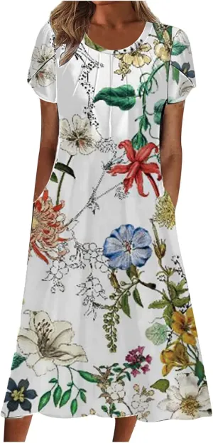 Womens Boho Summer Long Dresses Casual Floral Pleated Flowy midi Dresses Trendy Beach Vacation 2024 Clothes