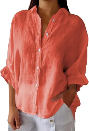Womens Button Down V Neck Shirts 3/4 Sleeve Chiffon Casual Blouse Loose Fit Collared Linen Work Oversized Blouse