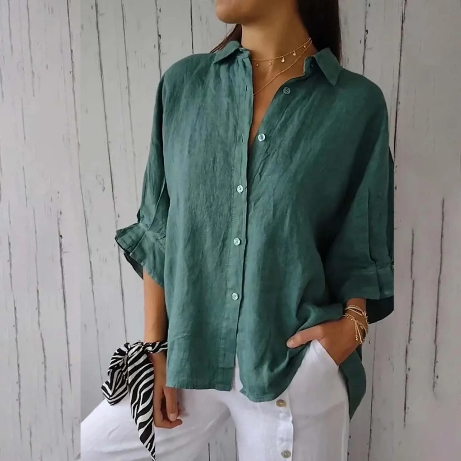 Womens Button Down V Neck Shirts 3/4 Sleeve Chiffon Casual Blouse Loose Fit Collared Linen Work Oversized Blouse
