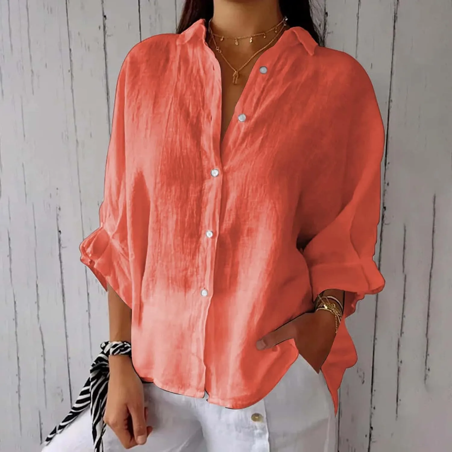 Womens Button Down V Neck Shirts 3/4 Sleeve Chiffon Casual Blouse Loose Fit Collared Linen Work Oversized Blouse