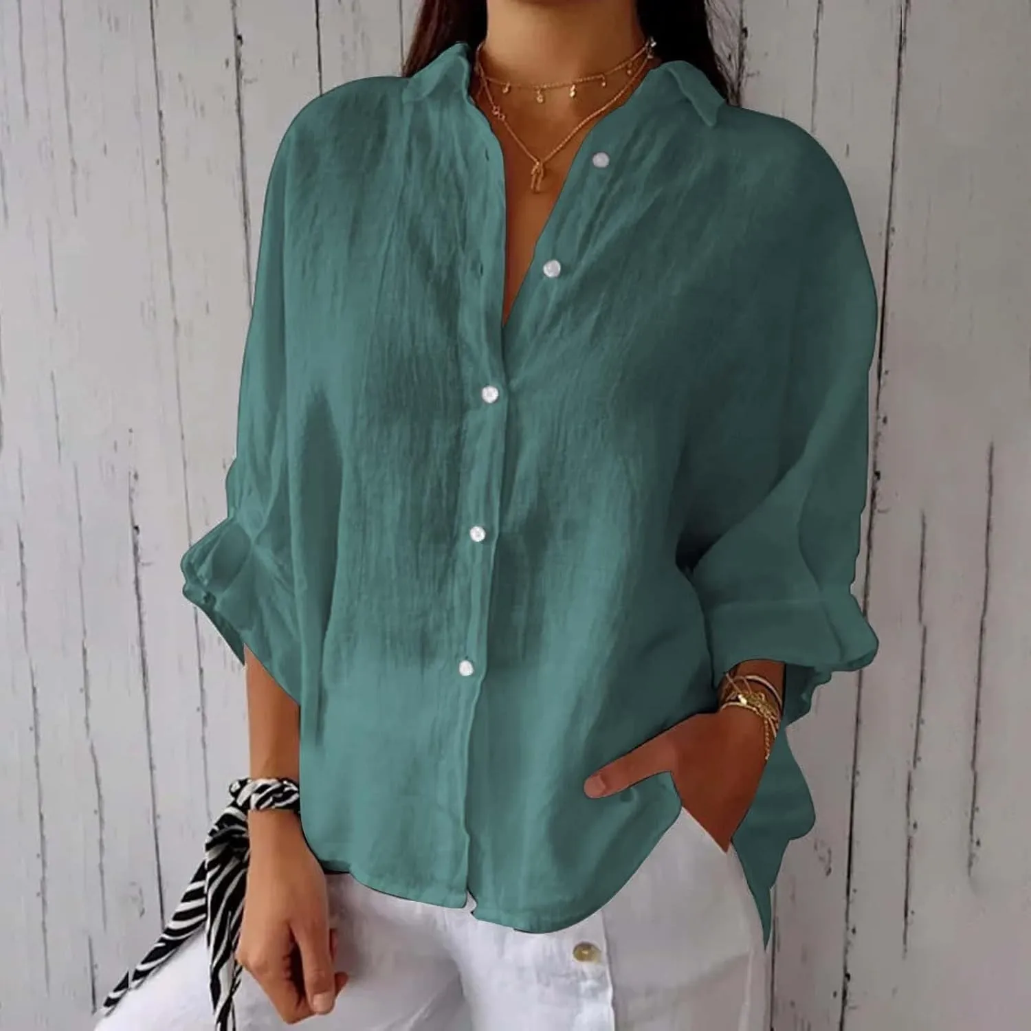 Womens Button Down V Neck Shirts 3/4 Sleeve Chiffon Casual Blouse Loose Fit Collared Linen Work Oversized Blouse