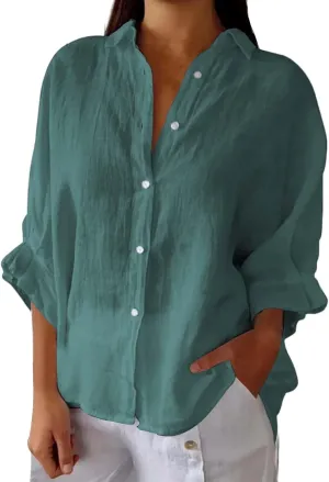 Womens Button Down V Neck Shirts 3/4 Sleeve Chiffon Casual Blouse Loose Fit Collared Linen Work Oversized Blouse