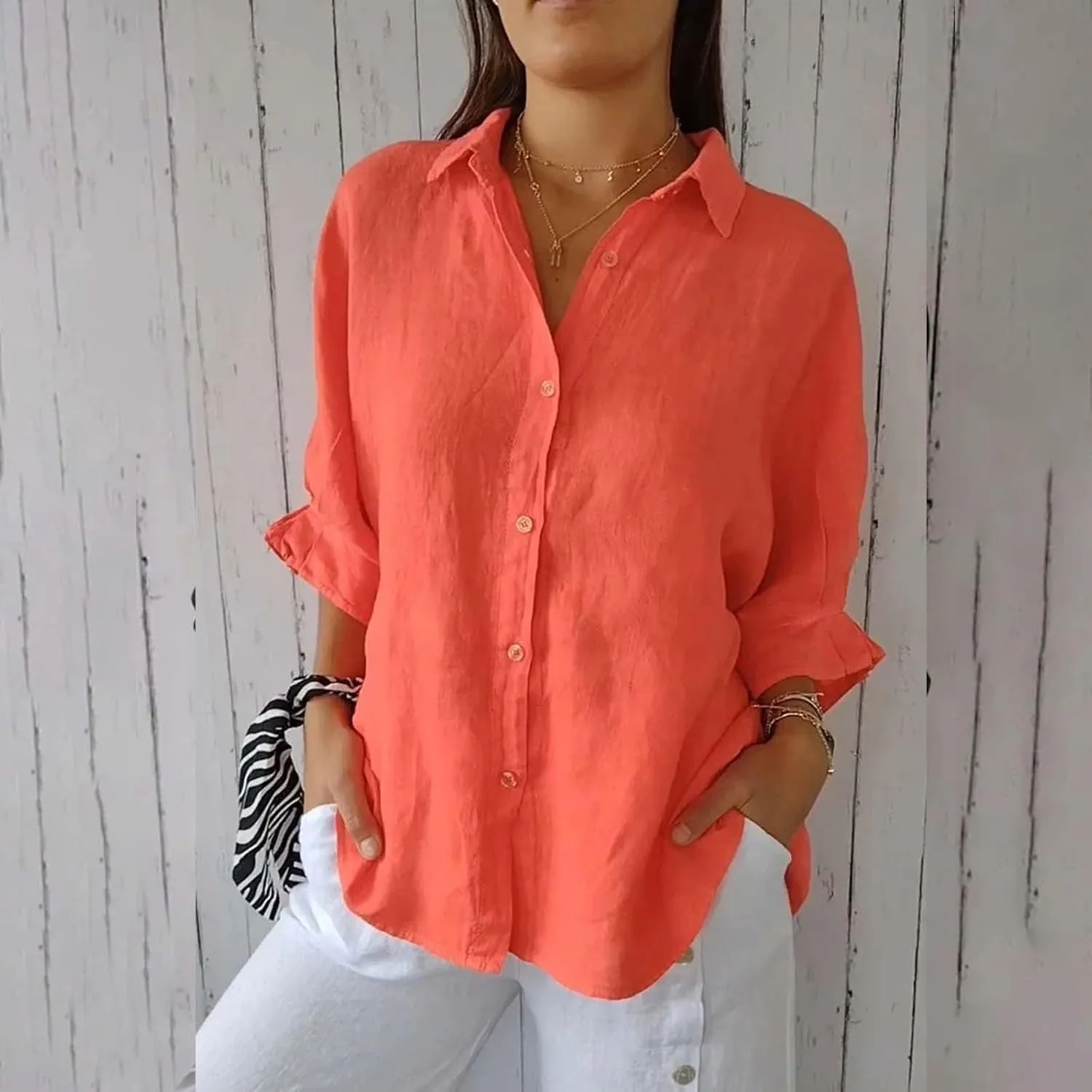 Womens Button Down V Neck Shirts 3/4 Sleeve Chiffon Casual Blouse Loose Fit Collared Linen Work Oversized Blouse