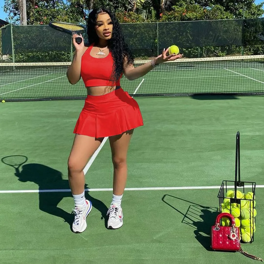 Womens Casual Sports 2 Piece Outfits Skirt Sets Athletic Tank Crop Top Mini Pleated Tennis Golf Skorts Skirts Activewear