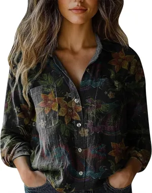 Womens Cotton Button Down Shirt Women's Floral Butterfly Print Natural Autumn Fragrant Fabric Cotton Linen Shirt