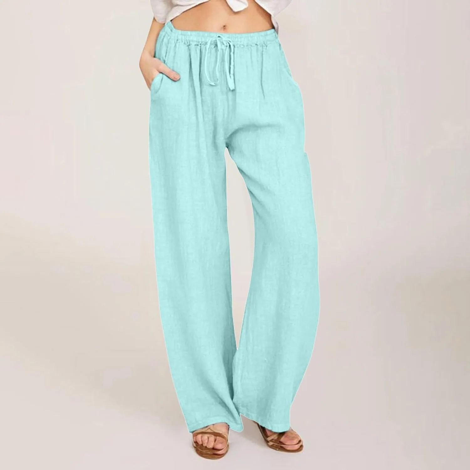 Women's Cotton Linen Summer Cropped Palazzo Pants High Waist Ankle Length Loose Fit Trousers Business Work