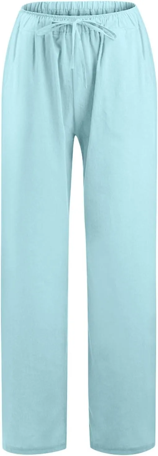 Women's Cotton Linen Summer Cropped Palazzo Pants High Waist Ankle Length Loose Fit Trousers Business Work