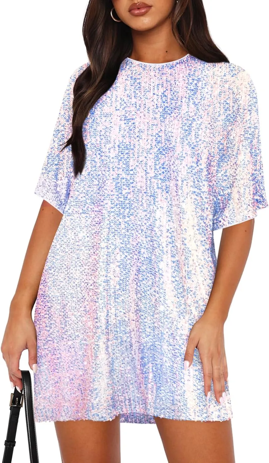 Women's Crew Neck Sequin Dress for Women Sexy V Neck Shirt Dress Sparkly Half Sleeve Loose Party Club Cocktail Dress