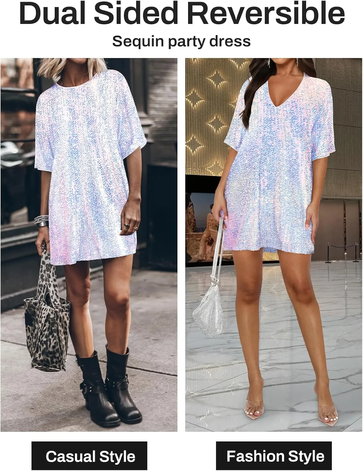 Women's Crew Neck Sequin Dress for Women Sexy V Neck Shirt Dress Sparkly Half Sleeve Loose Party Club Cocktail Dress